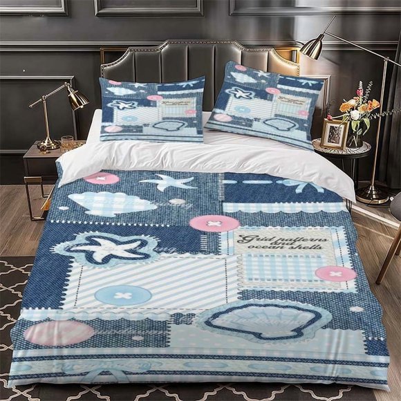 Ocean Shell Fabric Collage bedding | Includes 1 Duvet Cover and 2 Pillowcases Soft and Comfortable