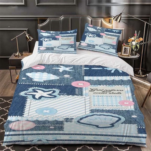 Ocean Shell Fabric Collage bedding | Includes 1 Duvet Cover and 2 Pillowcases Soft and Comfortable