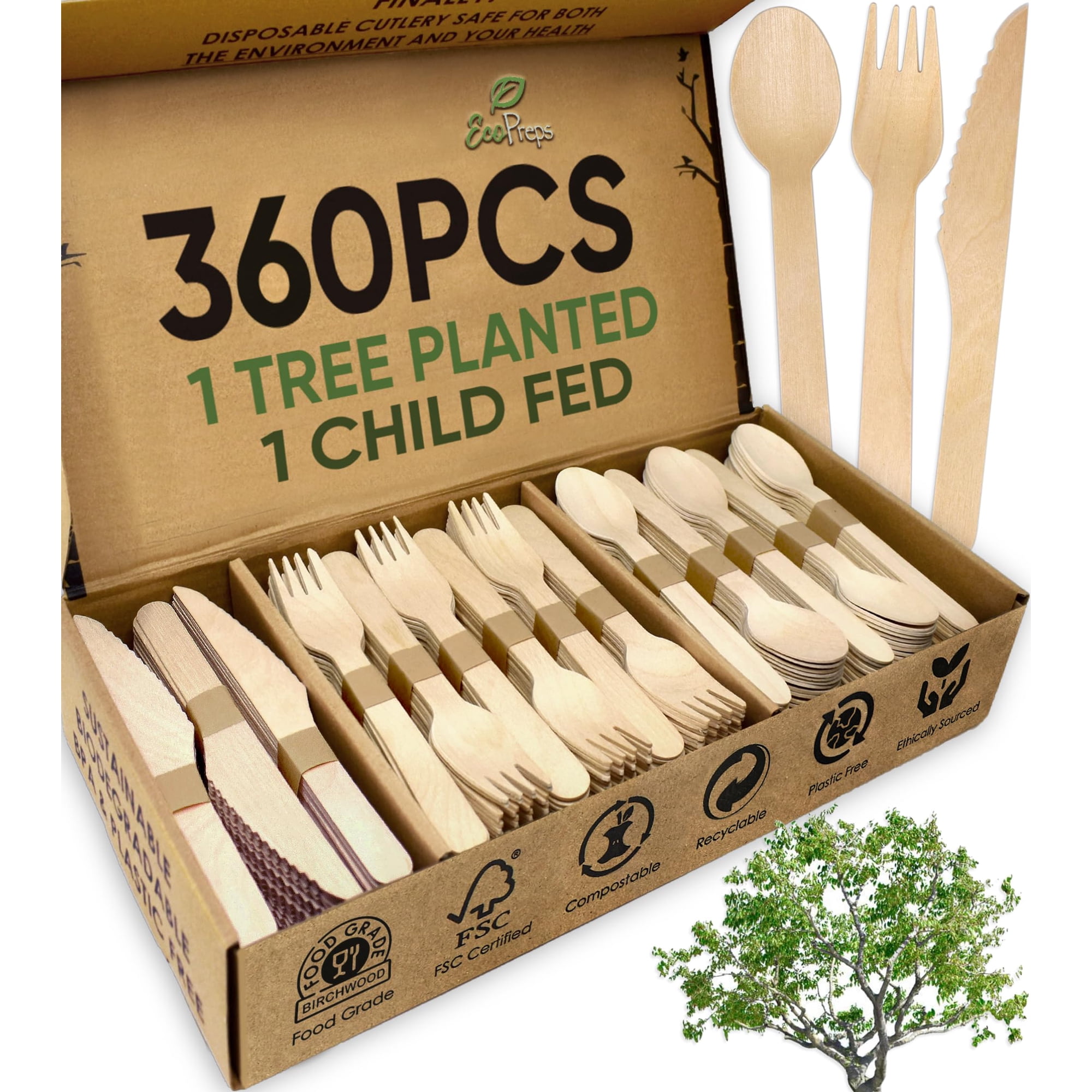 Juego De Cubiertos Ecopreps De Madera 100% Compostable, 360 Piezas