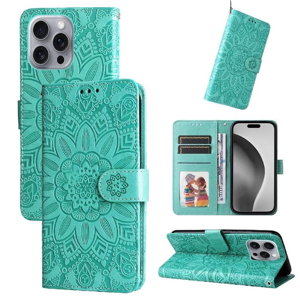 Funda tipo cartera FOXDOCK para iPhone 16 Pro Max , diseño girasol en relieve, cuero PU, cierre magnético, soporte y tarjetero