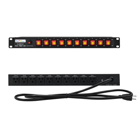 Soporte para rack Power Strip ThePoeStore de 10 salidas y 1 U con protector contra sobretensiones