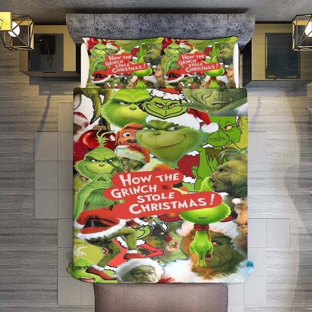 Comforter Set Queen Size Grinch Set with 2 Pillowcases for All SeasonsBedding Set 3pcs for Kids Boys Girls Bedroom Decor Bed Sheets