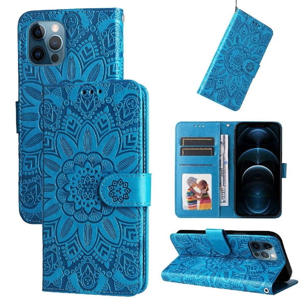Funda tipo cartera FOXDOCK para iPhone 12 Mini , diseño girasol en relieve, cuero PU, cierre magnético, soporte y tarjetero