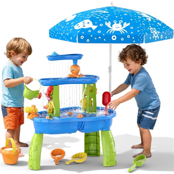 Mesa de agua y arena Wee Wonders de 3 niveles con sombrilla y juguetes