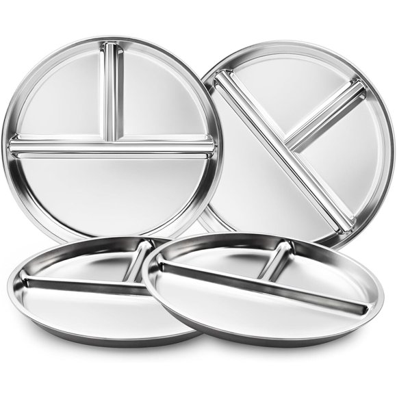 Bakpoco Stainless Steel Kids Plates Set of 4, 9 Portion Control