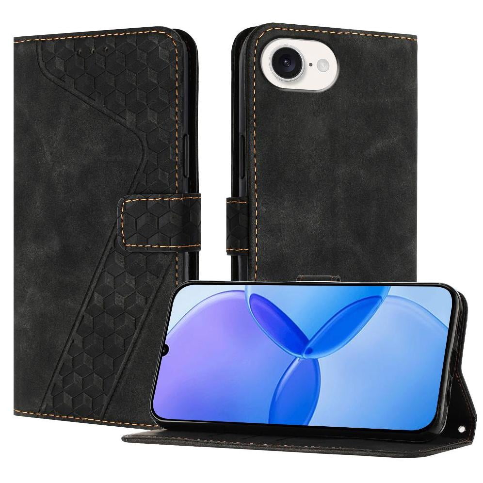 Foxdock - Funda Tipo Cartera Para Iphone 16e Con Tarjetero, Bolsillo Para Billetes, Soporte, Cierre Magnético Y Correa Para La Muñeca, Funda Tipo Folio Con Textura Geométrica Negro