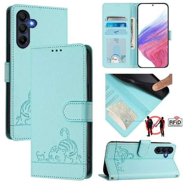Funda tipo cartera FOXDOCK para Samsung Galaxy A26 con soporte, ranuras, RFID, diseño de gato