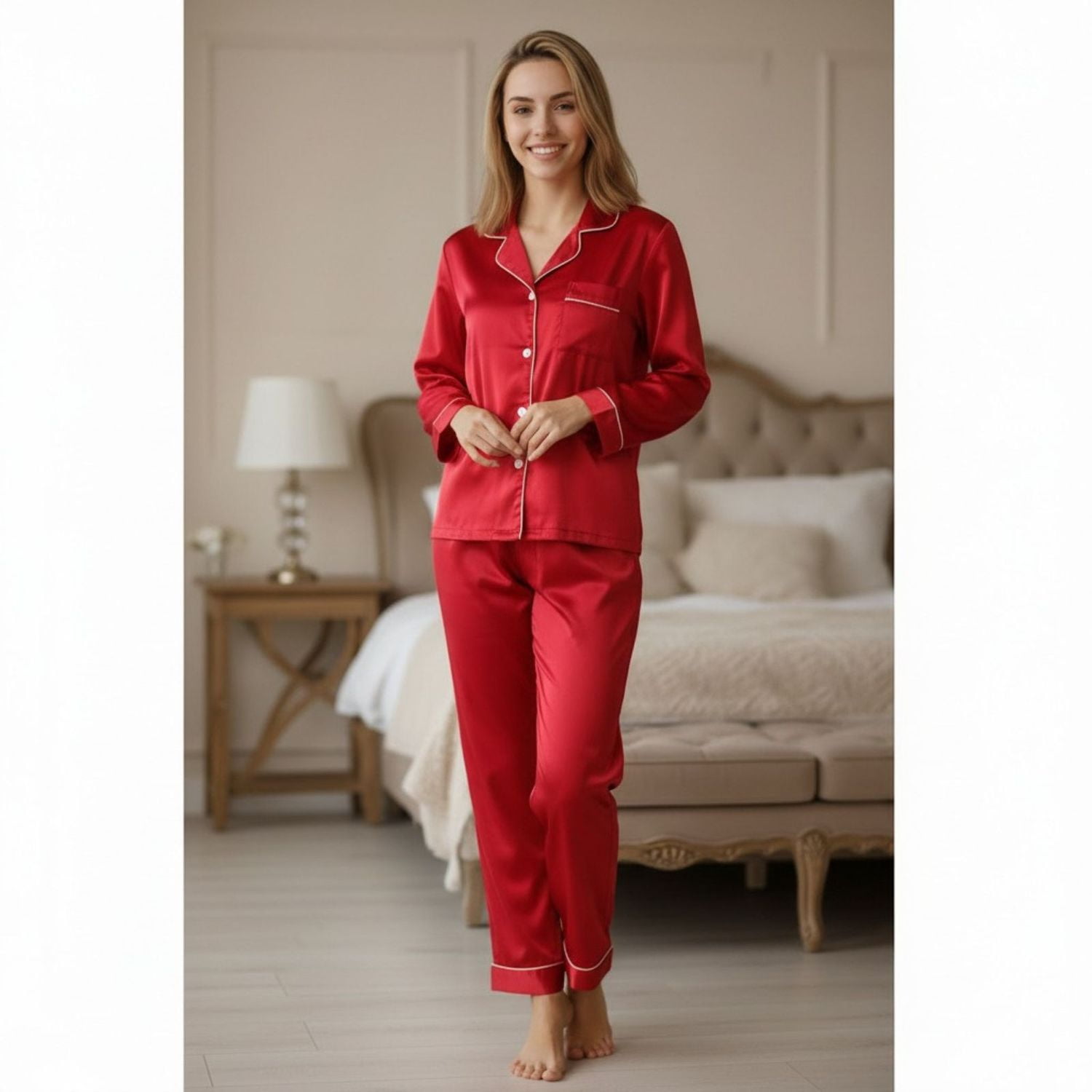 Likeshop - Pijama Mujer Satinado 2 Piezas Manga Larga Botones Colores 038