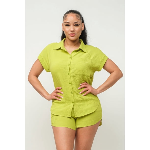 Saronite Conjunto de Camiseta Holgada de Manga Corta con Bolsillos y Botones y Shorts con Cintura Elástica y Bolsillos Laterales, Color Oliva (para Mujer)
