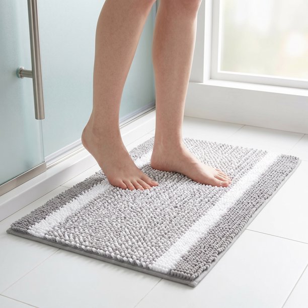 REGALWOVEN 1 Pcs Alfombra de Baño de Chenilla a Rayas, Alfombra de Baño Suave y Esponjosa Antideslizante, Lavable a Máquina Gris 20' x 32'