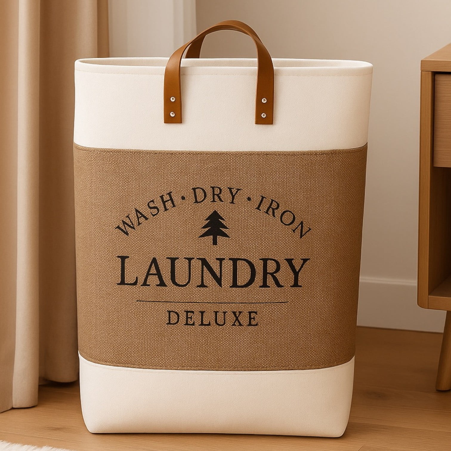 Genérico - Cesta Canasto Para Ropa Sucia Diseño Deluxe Con Asas De Cuero Marron