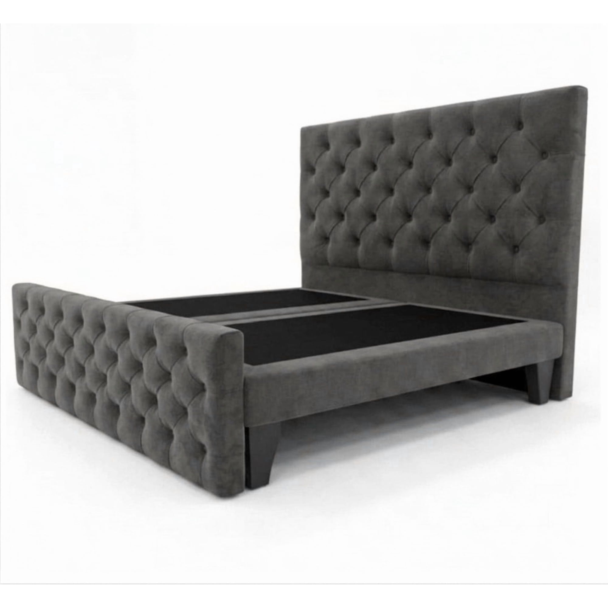 Home V Ele - Cama 2 Plazas Doble Respaldo Capitone Gris Oscuro Felpa
