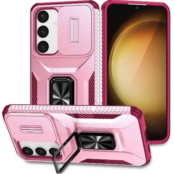 Funda Armada para Samsung Galaxy S24 Plus con Tapa Deslizante y Soporte Magnético Giratorio Rosa