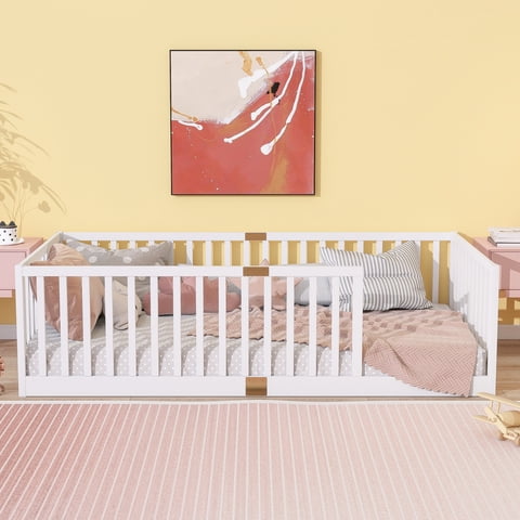 M&Ms - Twin Size Floor Bed With High Fence Railings, 6 Slats Included, Rubber Wood Floor Bed With Safety Guardrails, Without Door,White