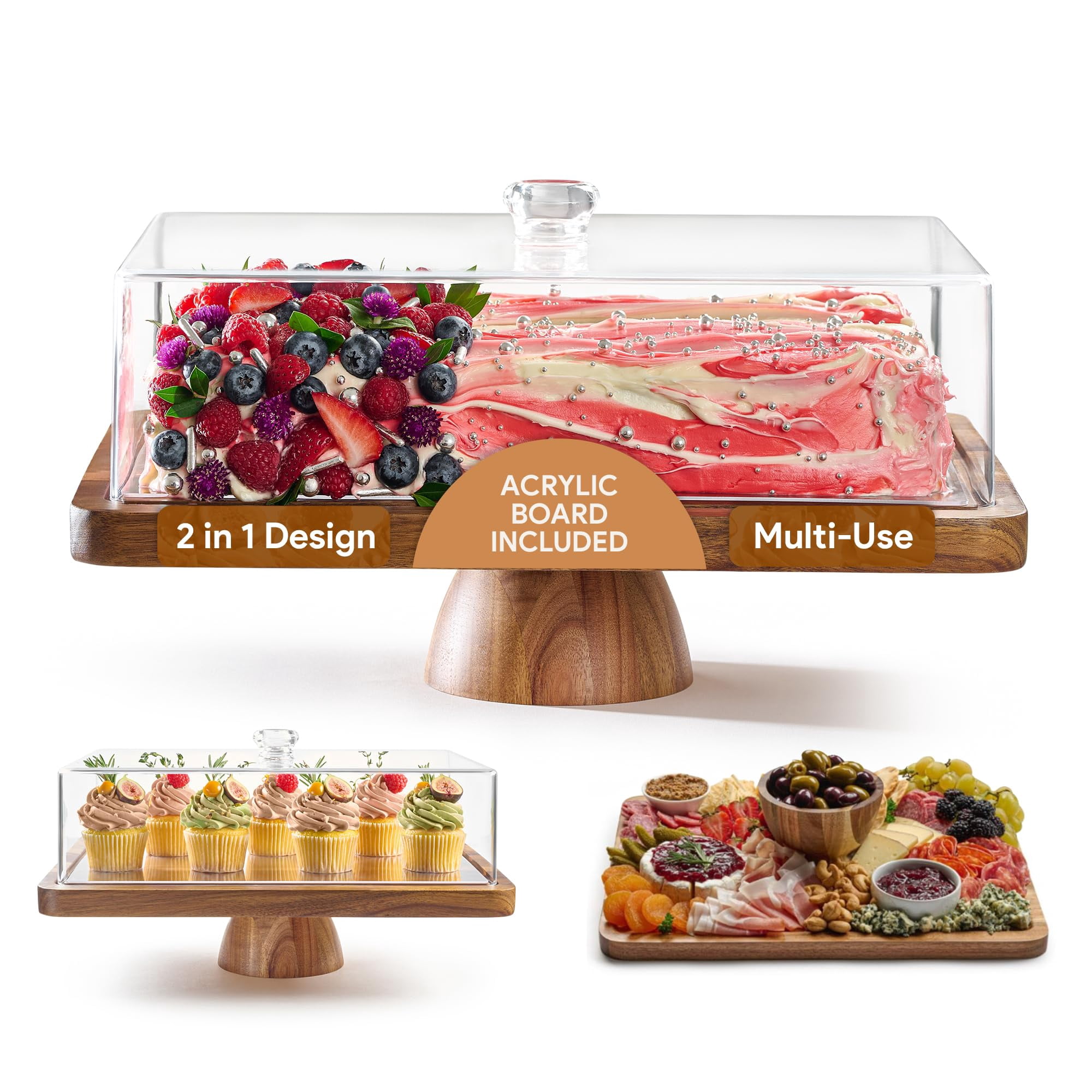 Soporte Para Tartas Homesphere De Madera De Acacia Con Tapa Y Cúpula Acrílica