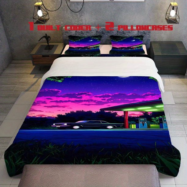 3pcs Fantasy Car Theme Printed Three Piece Bedding Set Next to The Gas Station Under The Starry Sky Soft Quilt Cover And Two Pillowcases