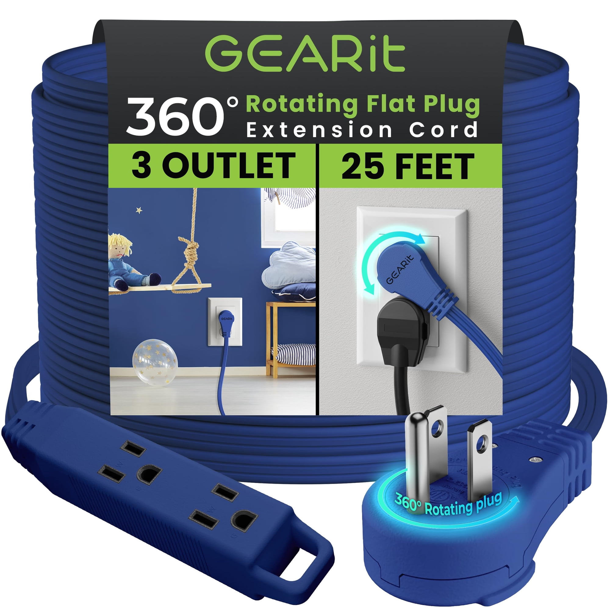 Extensión Eléctrica Gearit Con Enchufe Plano Giratorio 360° 7.5 M 3 Tomas