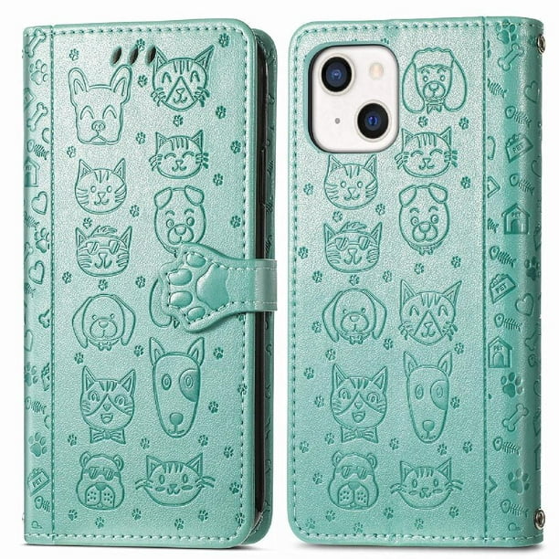 Funda Cartera FOXDOCK para iPhone 13 Mini , Flip PU con Relieve de Gatos y Perros, Tarjetero y Soporte