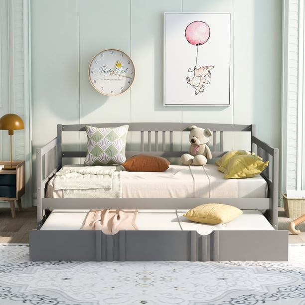 Full Size Daybed Wood Bed with Twin Size Trundle,Gray | Lider