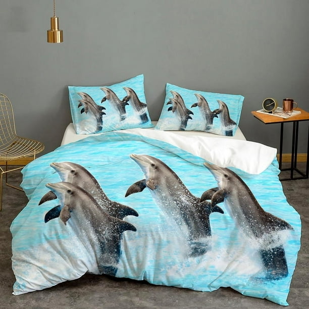 3D Blue Sea Animal Dolphin Funda nórdica Juego de cama Funda nórdica Fundas de almohada