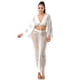 thumbnail image 2 of Saronite Conjunto de Blusa de Manga Larga con Cuello en V y Falda con Cintura Elástica Larga Desgastada, Blanco (para Mujer), 2 of 2