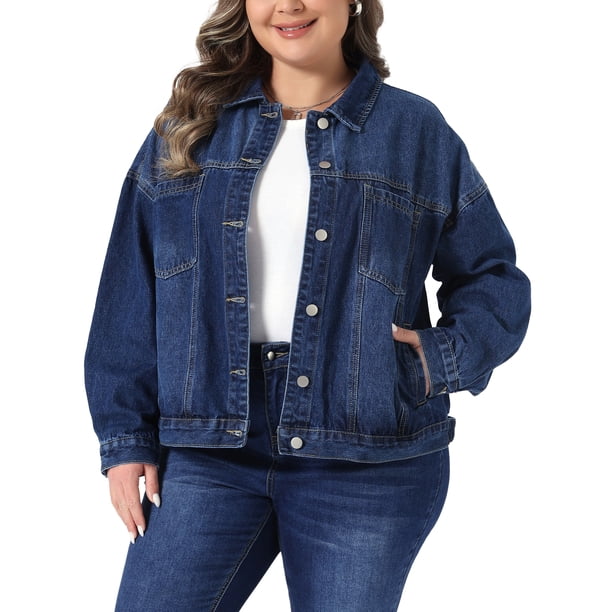 Chaqueta de mezclilla con solapa y botones de manga larga para mujer de talla grande de Agnes Orinda, chaquetas de jean casuales lavadas con bolsillo 1X azul oscuro