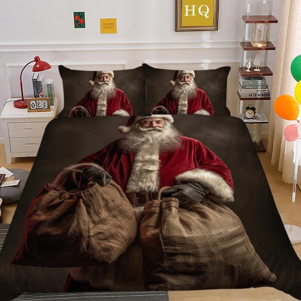 Cartoon Snow Christmas Tree Santa Claus Reindeer Quilt Duvet Cover Set3-Piece Bedding Set