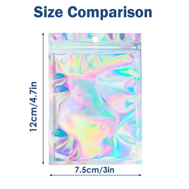 100pcs Holographic Bags, Resealable Bags For Small Business With Front Window Sample Bags Candy Bags Sealable Mylar Ziplock Bags