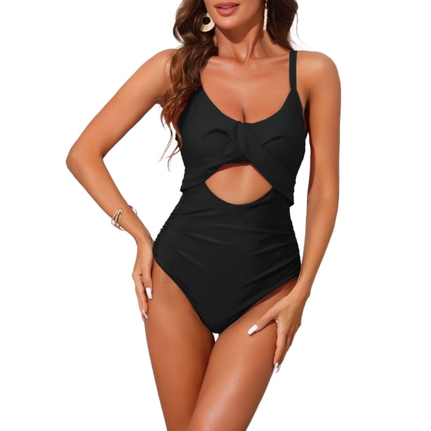 INSPIRE CHIC Monokini de Mujer con Recortes y Tirantes Ajustables, Conjunto de Bikini de 1 Pieza con Espalda Cruzada, Traje de Baño Talla Extra Grande Negro