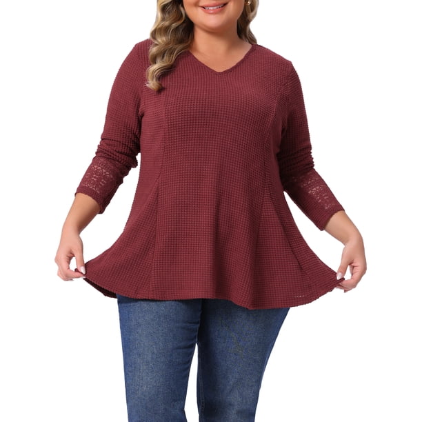 Agnes Orinda Conjuntos de Halloween para Mujeres Tallas Grandes Blusas de Encaje con Malla de Parches Manga Larga Textura Cuello en V Suelta Casual Blusa de Waffle 3X Marrón Rojo