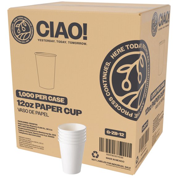Vasos de Papel Calientes CIAO! 12oz Paquete de 1000 Diámetro 90mm