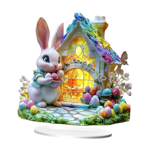Adorno de mesa con escena de conejo de Pascua para jardín, 7,4 x 7,8 pulgadas, decoración navideña, multifuncional, 2D, plano, acrílico, resistente al Estilo B