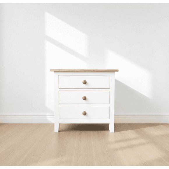 Velador Ancho "Chester Classic" 3 Cajones Mesa de Noche - Blanco - 60x40x60 cm