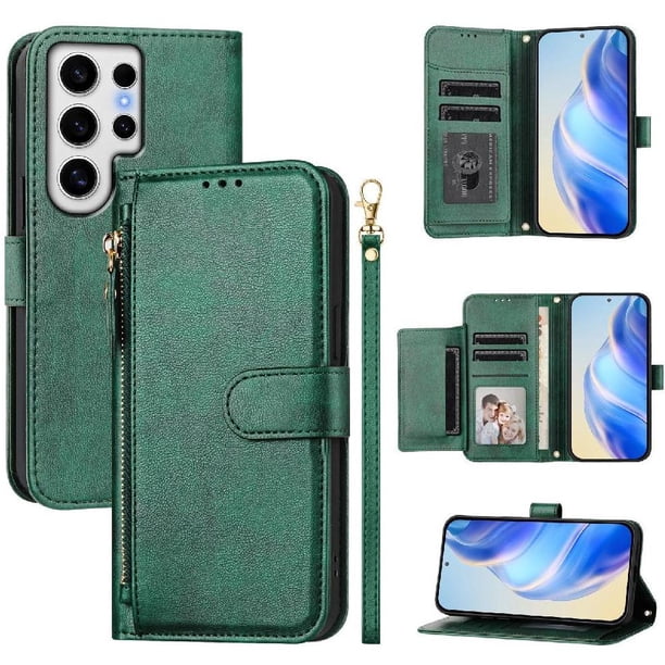 Funda Billetera Cremallera para Samsung Galaxy S24 Ultra 5G con Porta Tarjetas, Soporte y Correa Verde