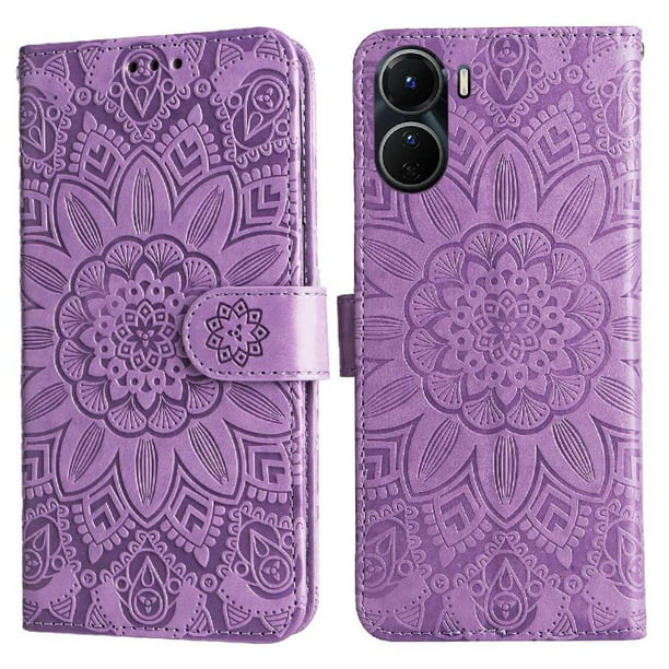 Funda tipo cartera FOXDOCK para Vivo Y16 4G , diseño girasol en relieve, cuero PU, cierre magnético, soporte y tarjetero