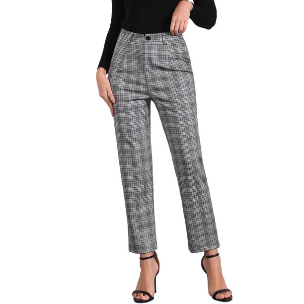 Pantalones de Cuadros para Mujer de Cintura Alta a Cuadros Tartán para Trabajo Casual en Oficina y Uso Diario S Gris Negro