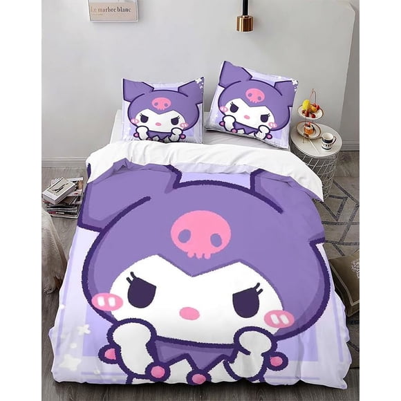 Cartoo-n Bunn-y 3-Piece Bed- Set Warm- and- Comfort Kawaii Bedd-ing Set C-ute Soft Microfib-er Bedc-loths for -Boys Girls Kids -Twin