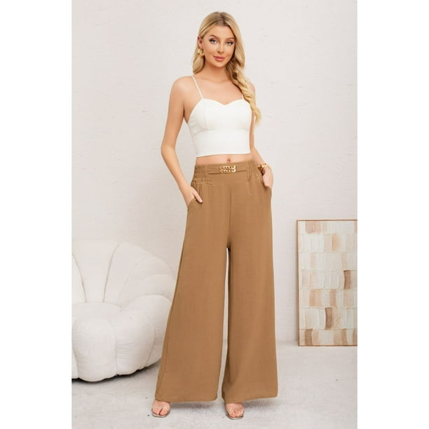 Pantalon Palazzo Algodon Mujer Tipo Lino Bota Ancha Hebilla 3006