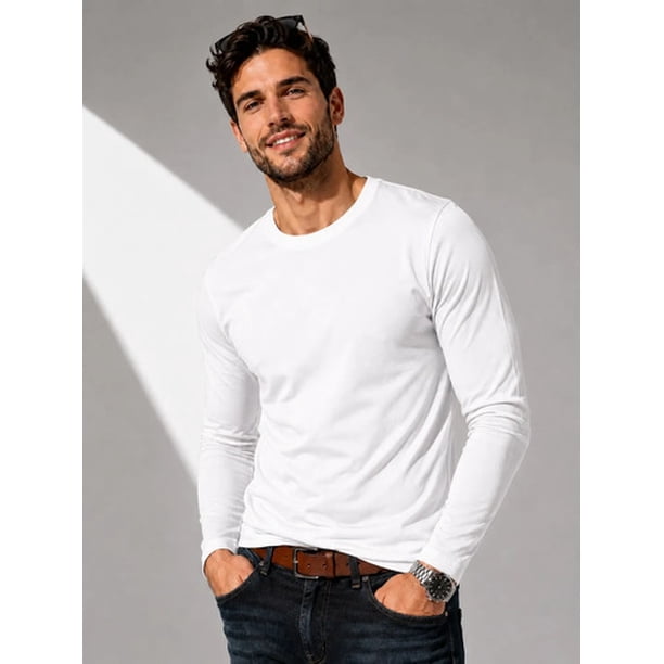 Polera Manga Larga De Hombre 250g/m Cuello Redondo Algodon Blanco L Lisa