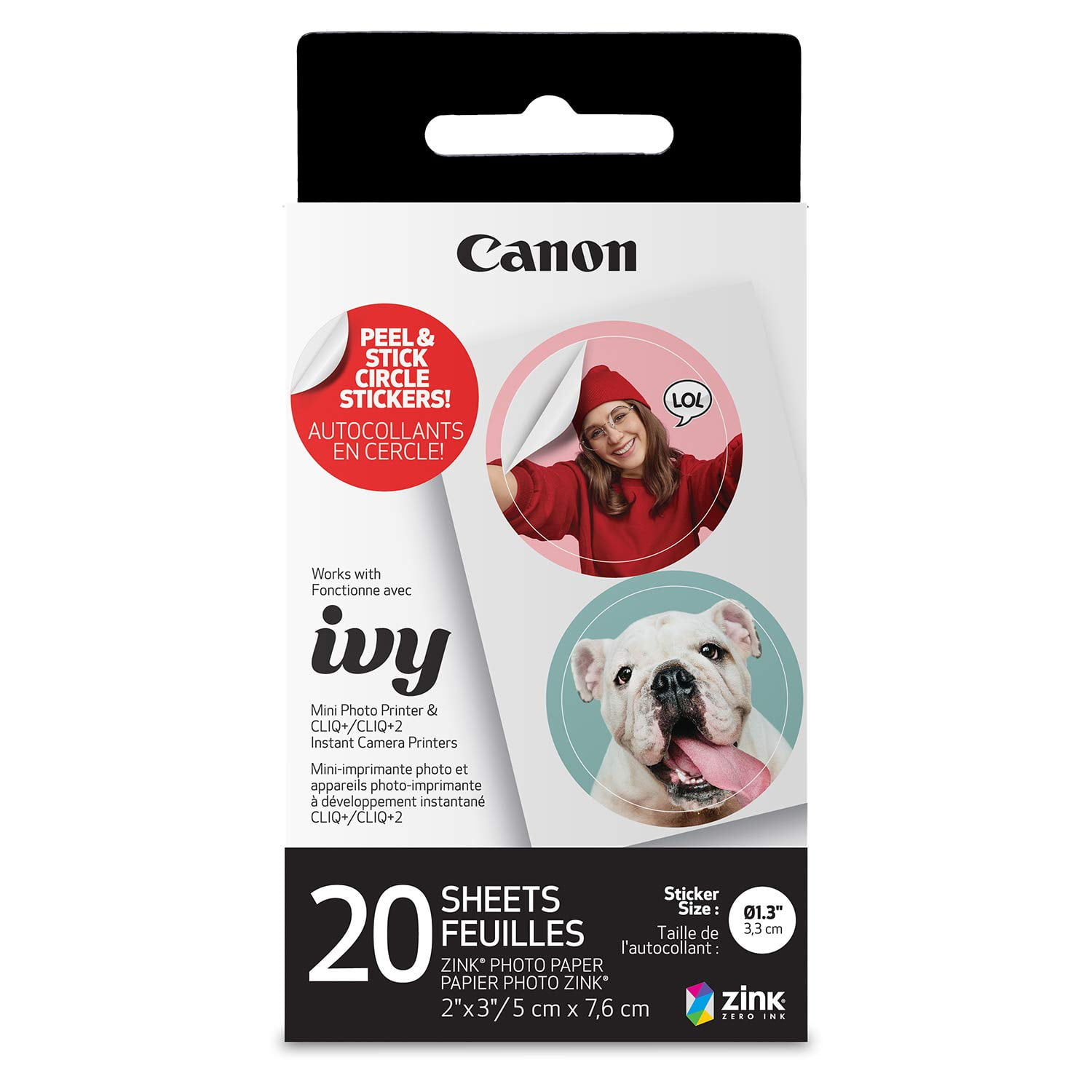 Papel Adhesivo Canon Ivy Zink, Círculo Precortado, 2x3, 20 Hojas