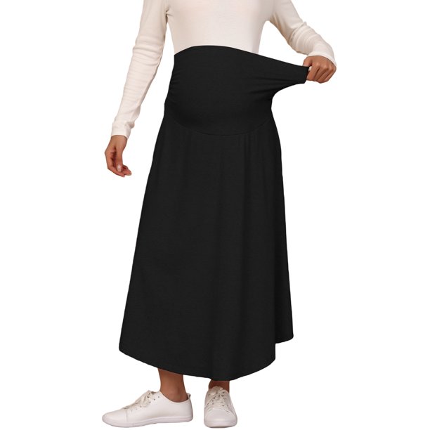 INSPIRE CHIC Falda de Maternidad con Bolsillos Sobre el Vientre Maxi de Cintura Alta Línea A Sólida Elástica Falda de Trabajo Elástica Ropa de Oficina Grande Negra