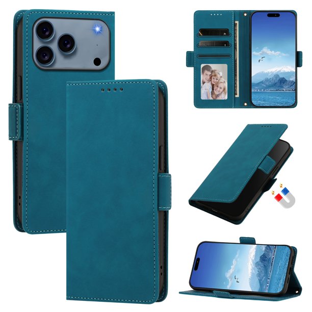 Funda Billetera Delgada para iPhone 18 Pro / 17 Pro con Ranuras y Soporte Azul lago