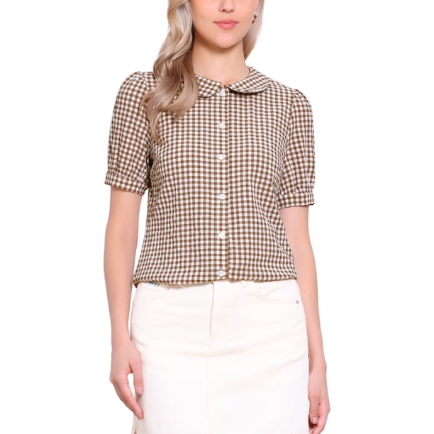 INSPIRE CHIC Blusa de Cuadros para Mujer de Regreso a Clases con Cuello Peter Pan y Mangas Cortas Abullonadas con Botones Marrón Oscuro XL