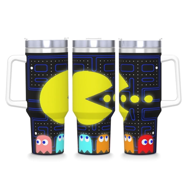 Pacman Vaso aislado de acero inoxidable con asa, diseño temático, regalo para familia, amigos y fans; incluye pajita y encaja en el portavasos estándar, 40 oz