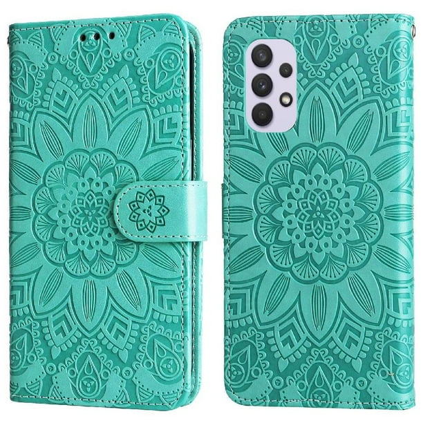 Funda tipo cartera FOXDOCK para Samsung Galaxy A32 4G , diseño girasol en relieve, cuero PU, cierre magnético, soporte y tarjetero