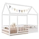 thumbnail image 3 of Twin Size Floor Wooden Bed with House Roof Frame, Fence Guardrails,White, 3 of 3