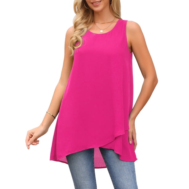 INSPIRE CHIC Blusa sin mangas de gasa casual de mujer para el regreso a clases, camiseta suelta asimétrica de cuello redondo, parte superior de verano, L Rosa caliente