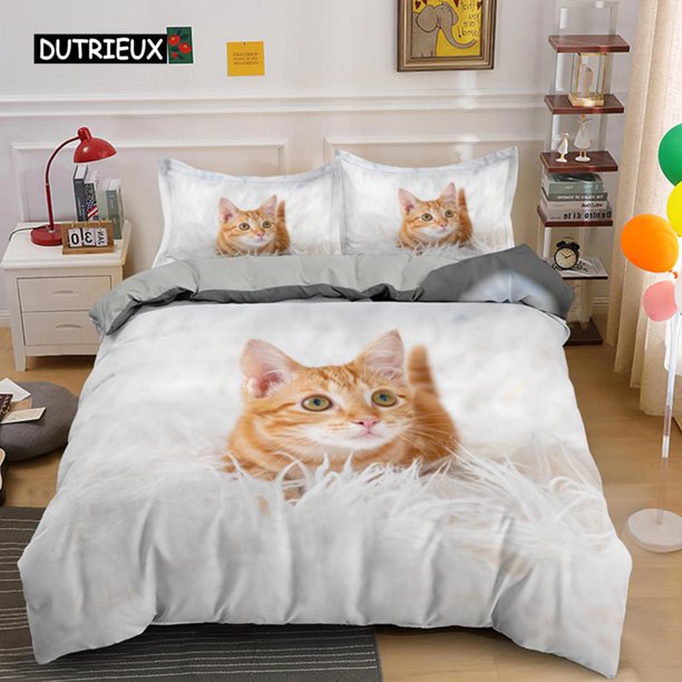 x1930 Bed SheetsLovely Pet Cat Bedding Set, Animal Printed Covers Size Duvet Cover, Kitty Pattern Quilt Cover 3-Piece Bedding Set (1 Duvet Cover + 2 Pillow Shams) nj1930