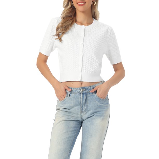 INSPIRE CHIC Regreso a Clases Verano Cárdigans de Manga Corta Suéter Casual de Punto con Botones Cuello Redondo Suéter Ligero Tops S Blanco