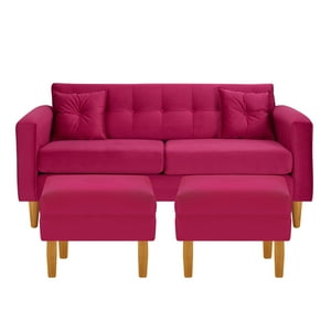 Bodevir - Sofa New Retro 3C + 2 Pouf Felpa 04 Burdeo